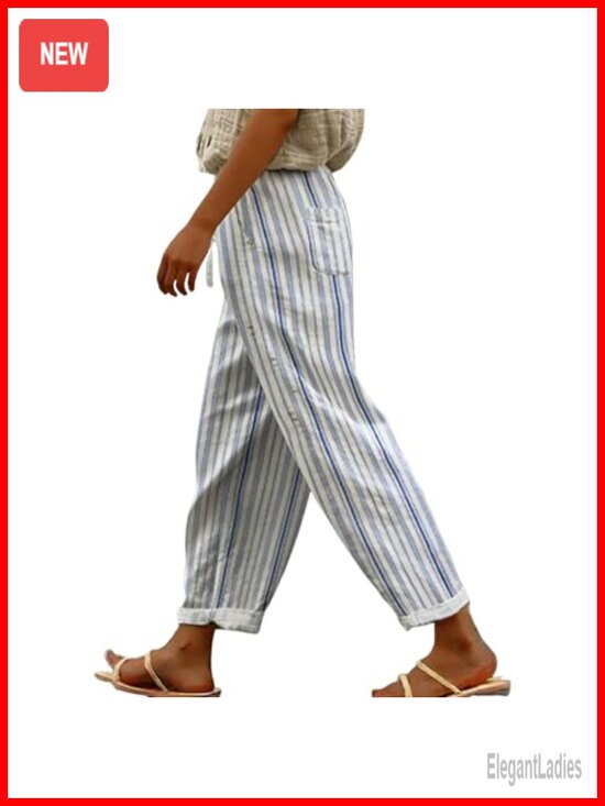 Pants - Linen Blend Palazzo Harem Pants with Pockets Drawstring Casual Trousers